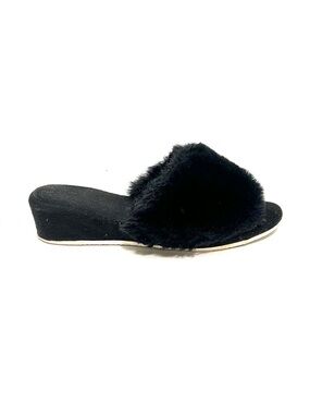 Vintage 1980s fuzzy black faux fur peep toe wedge boudoir slippers